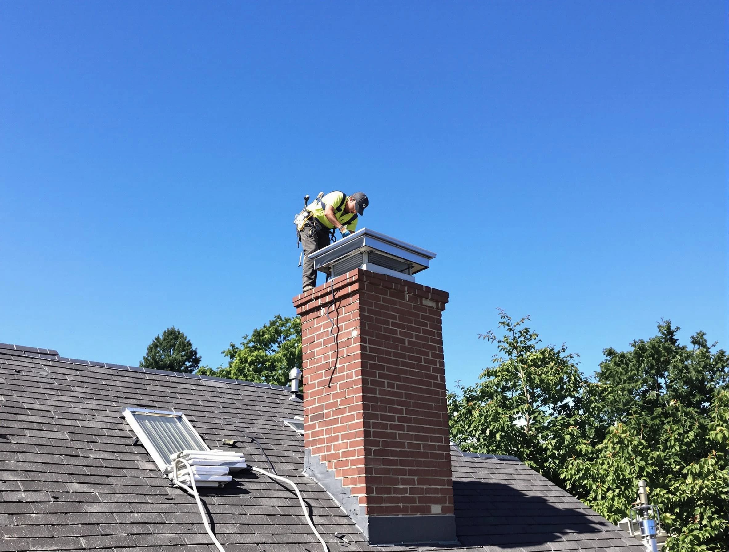 Pawtucket Chimney Sweep technician measuring a chimney cap in Pawtucket, RI